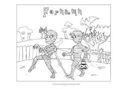 Färgläggningssida att anpassa Kyrkogård Monster Mumie Halloween