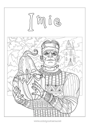 Kolorowanka do personalizacji Potwór Dynia Jack O'Lantern Złożone kolorowanki Zentangle Frankenstein