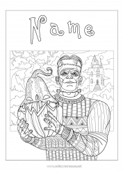 Free drawing Monster Pumpkin Jack O'Lantern Complex coloring pages Zentangle Frankenstein