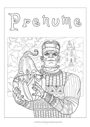 Pagină de colorat personalizată Monstru Dovleac Jack cu lampa Desene de colorat complexe Zentangle Frankenstein