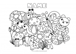 Coloring to customize Kawaii Frog Squirrel Butterfly Animal Mushroom Snail Ladybug Sunflower Complex coloring pages Insects Marine or aquatic animals Forest animals Caterpillar