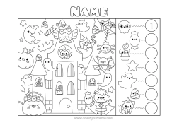 Colouring to customise Ghost Monster Halloween Cute Figure Children's Activities Search And Find Haunted Manor Count And Colour.