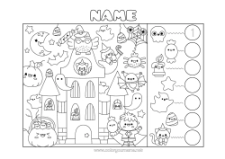 Coloring to customize Ghost Monster Halloween Kawaii Number Children's activities I spy Haunted mansion