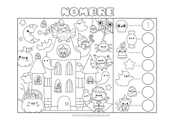 Dibujo libre Fantasma Monstruo Halloween Kawaii Número Actividades para niños Buscar y encontrar Manor embrujado