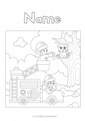 Free coloring Cat Fireman firefighter Fire truck Dog and cat Rescue and Emergency Vehicles Security Professions