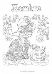 Colorear gratis Calabaza Gato negro Halloween Sombrero Zentangle