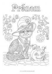 Coloriage gratuit Citrouille Chat noir Halloween Animal Chapeau Zentangle