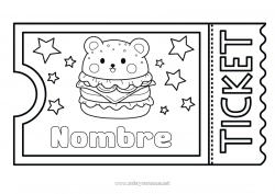 Colorear para personalizar Kawaii Hamburguesa Boleto, entrada