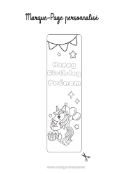 Coloriage à personnaliser Anniversaire Kawaii Licorne Ballons Marque page Dragons, licornes et animaux fantastiques