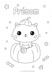 Coloriage à personnaliser Bonbons Citrouille Un bonbon ou un sort ? Mignon Chat Kawaii Animal Chiens et chats