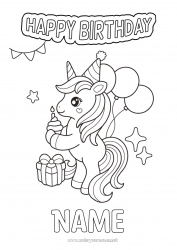 Coloring to customize Cake Birthday Unicorn Balloons Animal Happy Birthday (English) Message Dragons, unicorns and fantastic animals