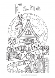 Free coloring Black cat Cat Halloween Moon Dog and cat Haunted mansion Inscription 