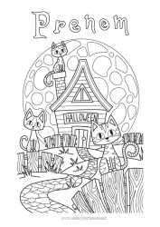 Coloriage gratuit Chat noir Chat Halloween Lune Chiens et chats Manoir hanté Inscription "halloween"