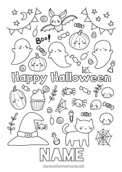 Free drawing Bat Ghost Pumpkin Spider Black cat Cute Halloween Insects Dog and cat Flying birds and mammals Inscription 