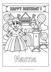 Colouring to customise Castle Birthday Balloons Princess Happy Birthday Message