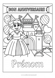 Coloriage gratuit Château Anniversaire Ballons Princesse Joyeux anniversaire (français) Message