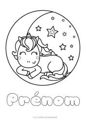 Coloriage gratuit Kawaii Licorne Animal Lune Dragons, licornes et animaux fantastiques