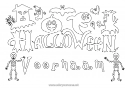 Gratis kleurplaat Spook Monster Pompoen Skelet Halloween Jack O'Lantern Inscriptie 'halloween'