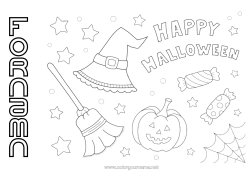 Färgläggningssida att anpassa Broom Godis Pumpa Halloween Jack O'Lantern Hatt Anmälan 