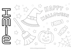 Rysunek za darmo Miotła Cukierki Dynia Halloween Jack O'Lantern Kapelusz Napis 'halloween'