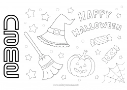 Free coloring Broomstick Sweets Pumpkin Halloween Jack O'Lantern Hat Inscription 