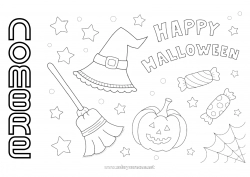 Colorear gratis Escoba Caramelos Calabaza Halloween Jack O'Lantern Sombrero Inscripción 