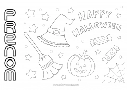 Dessin gratuit Balai Bonbons Citrouille Halloween Jack O'Lantern Chapeau Inscription "halloween"