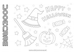 Gratis tekening Bezem Snoepjes Pompoen Halloween Jack O'Lantern Hoed Inscriptie 'halloween'