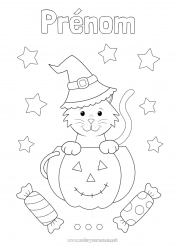 Coloriage gratuit Bonbons Citrouille Chat noir Chat Halloween Jack O'Lantern Animal Chiens et chats