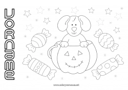 Kostenlose Malvorlage Bonbons Kürbis Halloween Hund Tier Hunde und Katzen