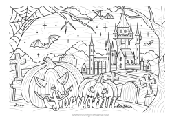 Färgläggningssida att anpassa Fladdermus Kyrkogård Pumpa Halloween Jack O'Lantern Zentangle Fåglar och flygande däggdjur Spökhus Spindelnät
