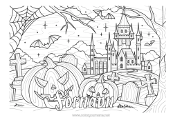 Farvelægningssiden tilpasning Flagermus Kirkegård Græskar Halloween Græskarlampe Zentangle Fugle og flyvende pattedyr Spøgelseshus Edderkoppespind