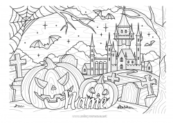 Free drawing Bat Cemetery Pumpkin Halloween Jack O'Lantern Zentangle Flying birds and mammals Haunted mansion Spider web