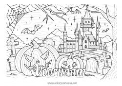 Gratis kleurplaat Vleermuis Kerkhof Pompoen Halloween Jack O'Lantern Zentangle Vogels en vliegende zoogdieren Spookhuis Spinnenweb