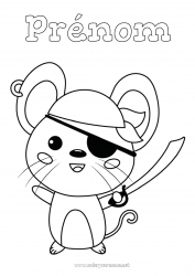 Coloriage gratuit Déguisement Mignon Halloween Pirate Souris Mardi gras Animaux de la forêt