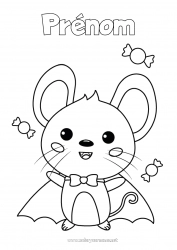 Coloriage gratuit Vampire Bonbons Déguisement Mignon Halloween Souris Mardi gras Animaux de la forêt