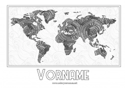 Kostenlose Malvorlage Kinderaktivitäten Geografie Komplexe Ausmalbilder Zentangle Weltkarte