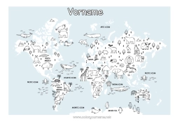 Kostenlose Malvorlage Tier Geografie Weltkarte Reise des Weihnachtselfen Weltreise-Karte der Wichtel