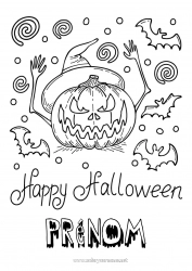 Coloriage gratuit Chauve-souris Citrouille Halloween Jack O'Lantern Oiseaux et mammifères volants Inscription "halloween"