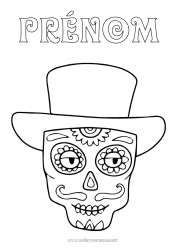 Coloriage gratuit Crâne Día de los Muertos Chapeau Coloriages faciles Calaveras, têtes de mort