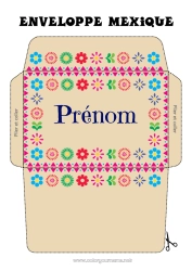 Coloriage gratuit Fleurs Enveloppe Mexique Cinco de Mayo Broderie mexicaine Enveloppe à imprimer Voyage de l'elfe de Noël Enveloppe pour courrier du lutin de Noël