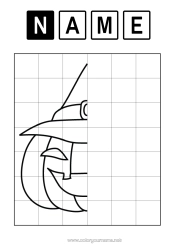Colouring to customise Pumpkin Jack O'lantern Children's Activities Hat Symmetry Grid Drawing