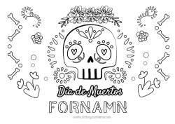 Färgläggningssida att anpassa Blommor Skalle De dödas dag Calaveras, dödskallar