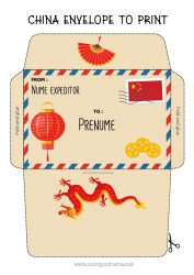 Desen liber de colorat Dragon Plic China - China Țară Dragoni, unicorni și animale fantastice Plic de imprimat Călătoria elfului de Crăciun Plic pentru scrisoarea lui Moș Crăciun