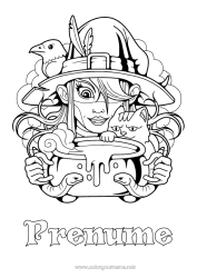 Pagină de colorat personalizată Vrăjitoare Pisica neagră Cazan magic Șarpe Reptile Păsări și mamifere zburătoare Corb