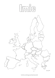 Kolorowanka do personalizacji Geografia Mapa świata Podróż Świątecznego Elfa Mapa kontynentów Niemcy Holandia Mapa podróży po świecie psotnych skrzatów