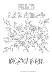 Colorear gratis Flores Feliz año Golosinas 2024 Mensaje 