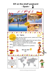 Free coloring Spain Elf on the Shelf Trip Postcard Postcard of a SINGLE elf