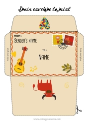 Colouring to customise Envelope Spain Country Farm Animals Guitar Musical Instruments Print Envelope Mischievous Elf's Journey Envelope For The Christmas Trickster Elf's Mail Bull