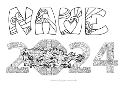 Free colouring Dragon Happy New Year Dragons, unicorns, and fantastical creatures 2024